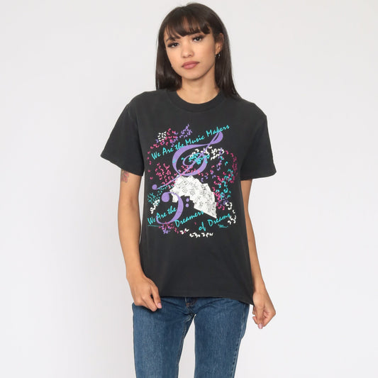 90s Hanes Music Note Graphic T-Shirt Black Cotton Tee Extra Small
