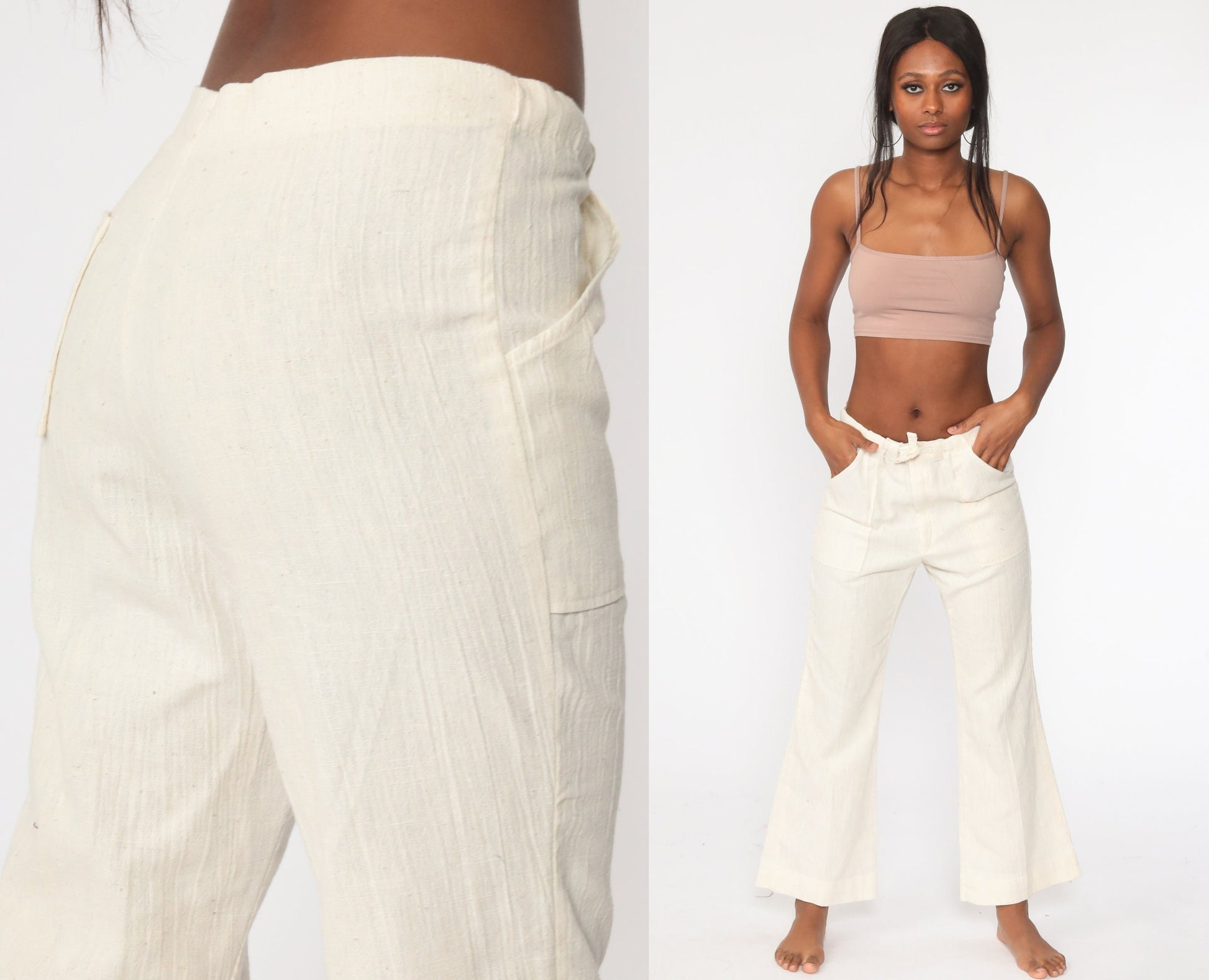70s Bell Bottom Pants Off-White Cotton Drawstring Mid Rise Small