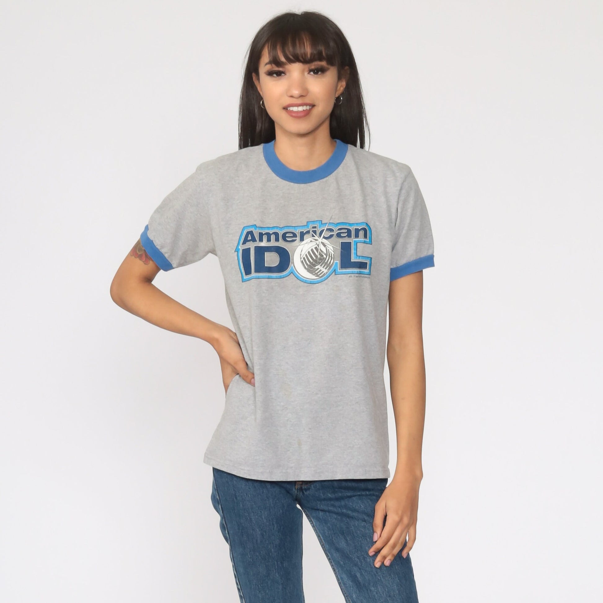 00s American Idol Ringer Tee Grey Graphic T-Shirt Small S