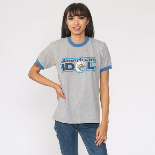 00s American Idol Ringer Tee Grey Graphic T-Shirt Small S