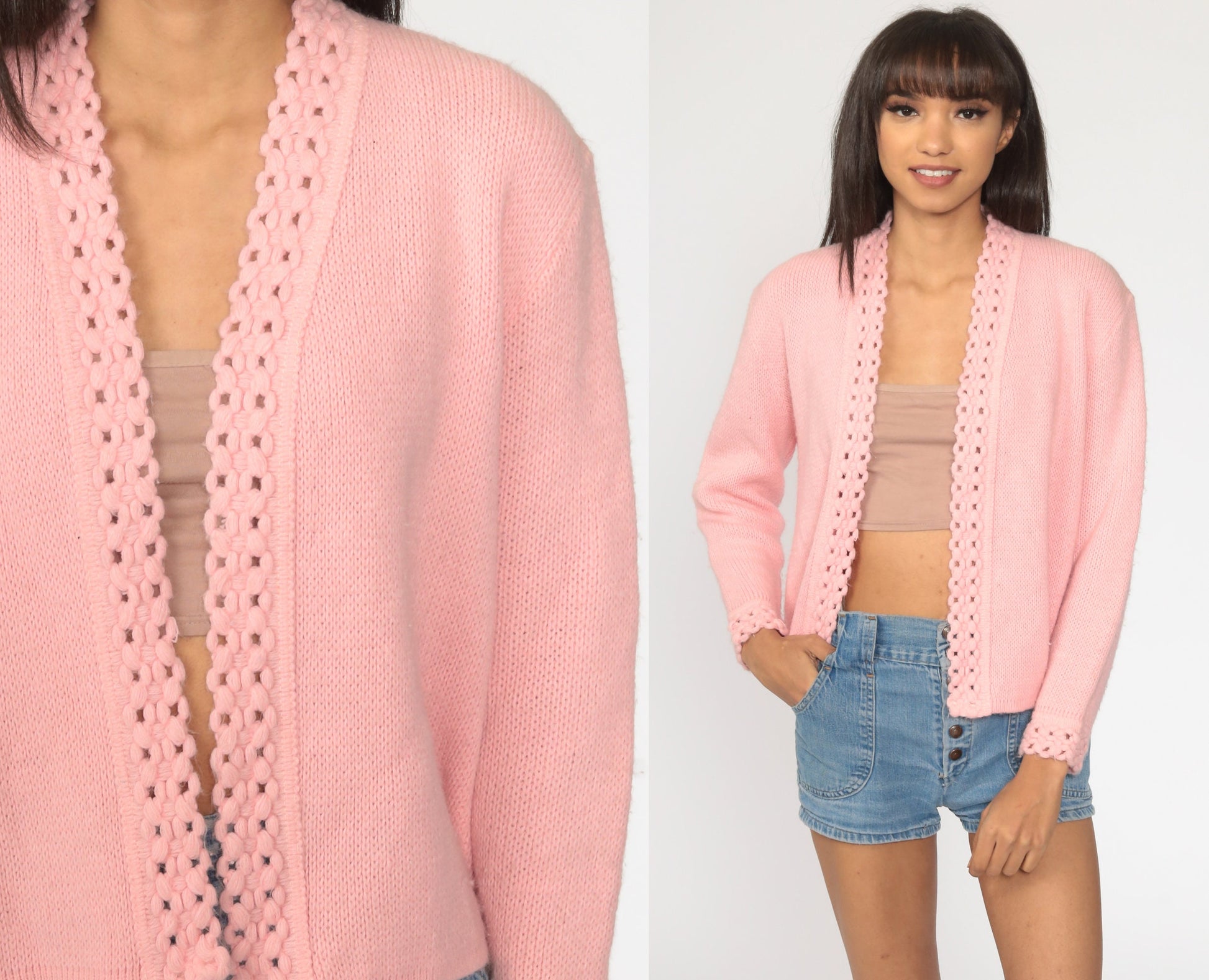 70s Pink Crochet Cardigan Sweater Open Front Knit Medium M