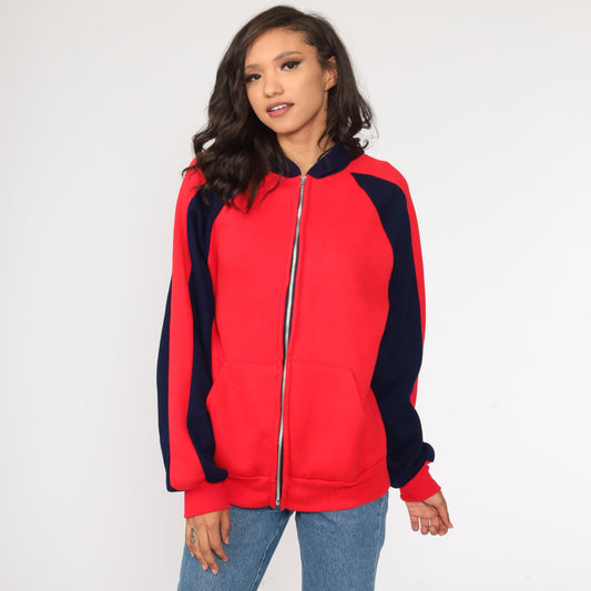 80s Navy Red Striped Zip-Up Hoodie Sweatshirt Medium Large