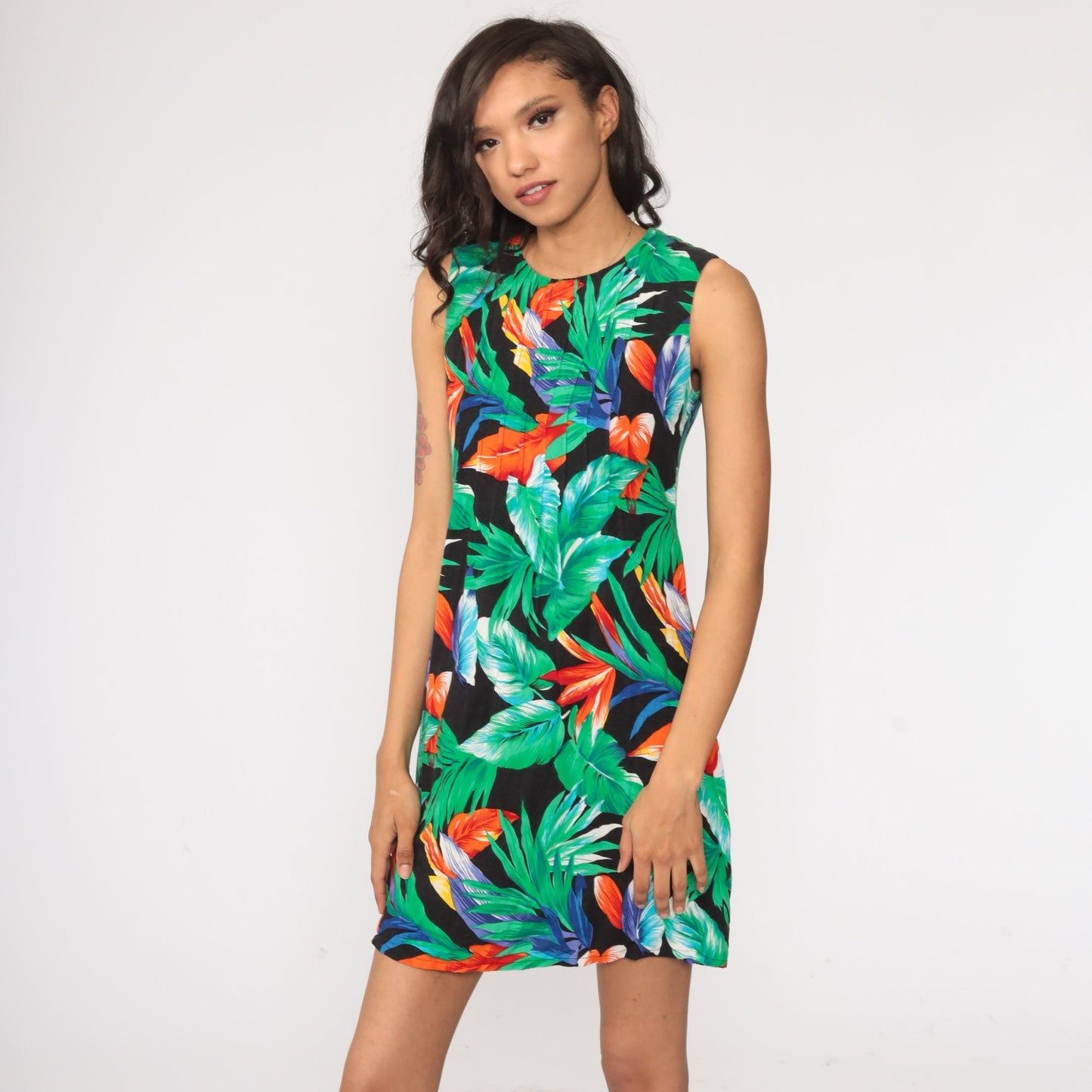 90s Tropical Floral Mini Shift Dress Sleeveless Flower Print Extra Small