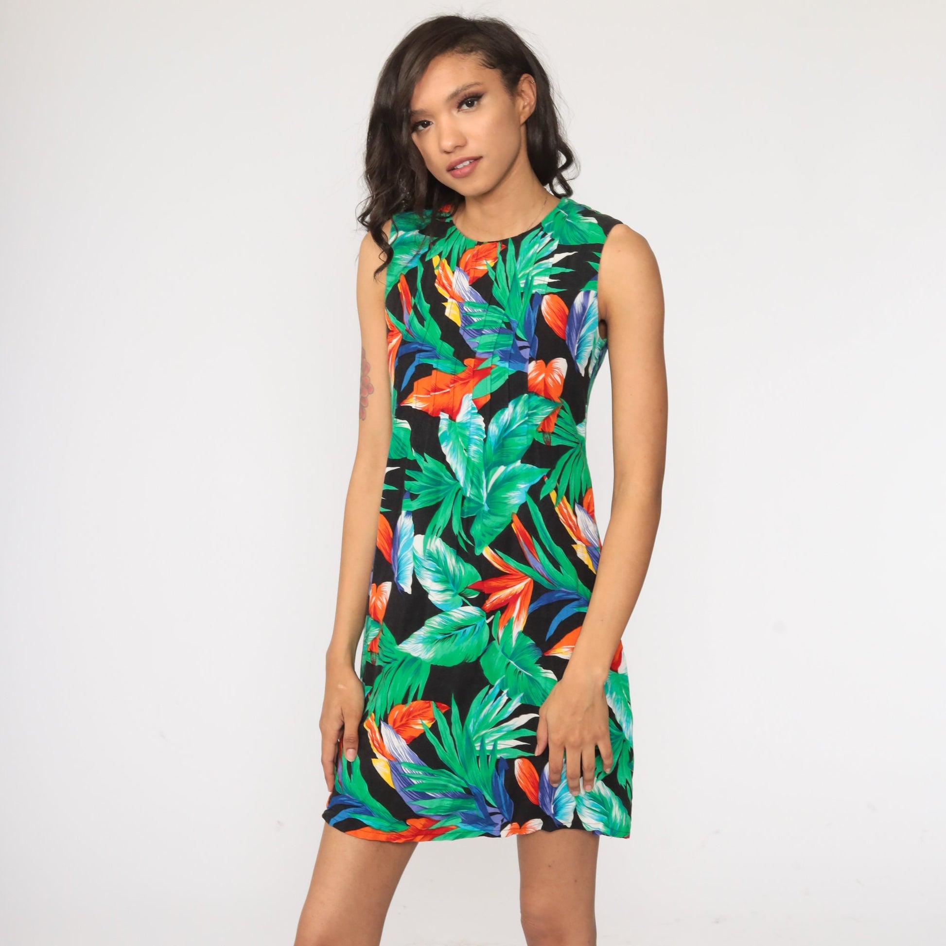 90s Tropical Floral Mini Shift Dress Sleeveless Flower Print Extra Small