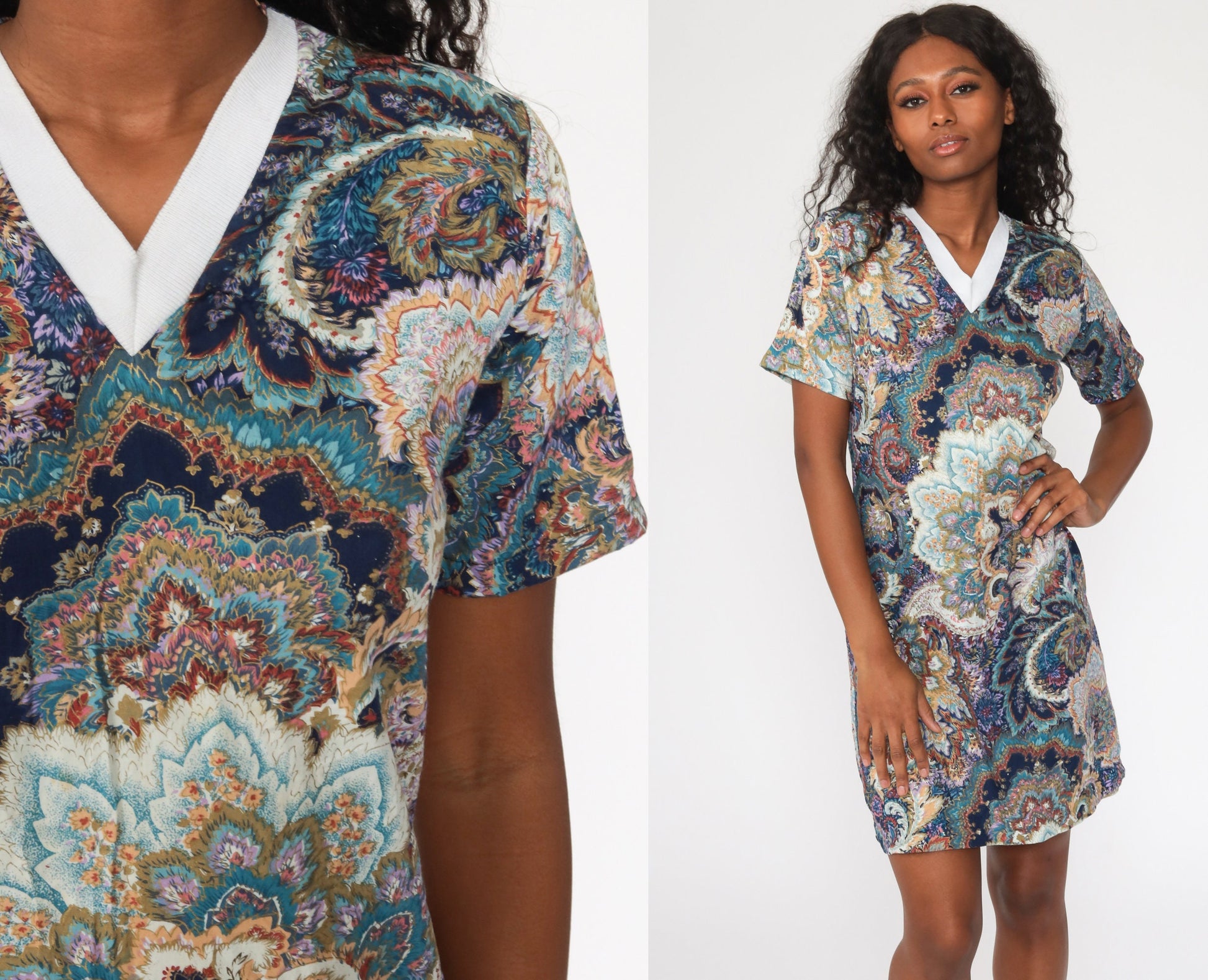 60s Psychedelic Paisley Shift Dress Mini V-Neck Blue Medium