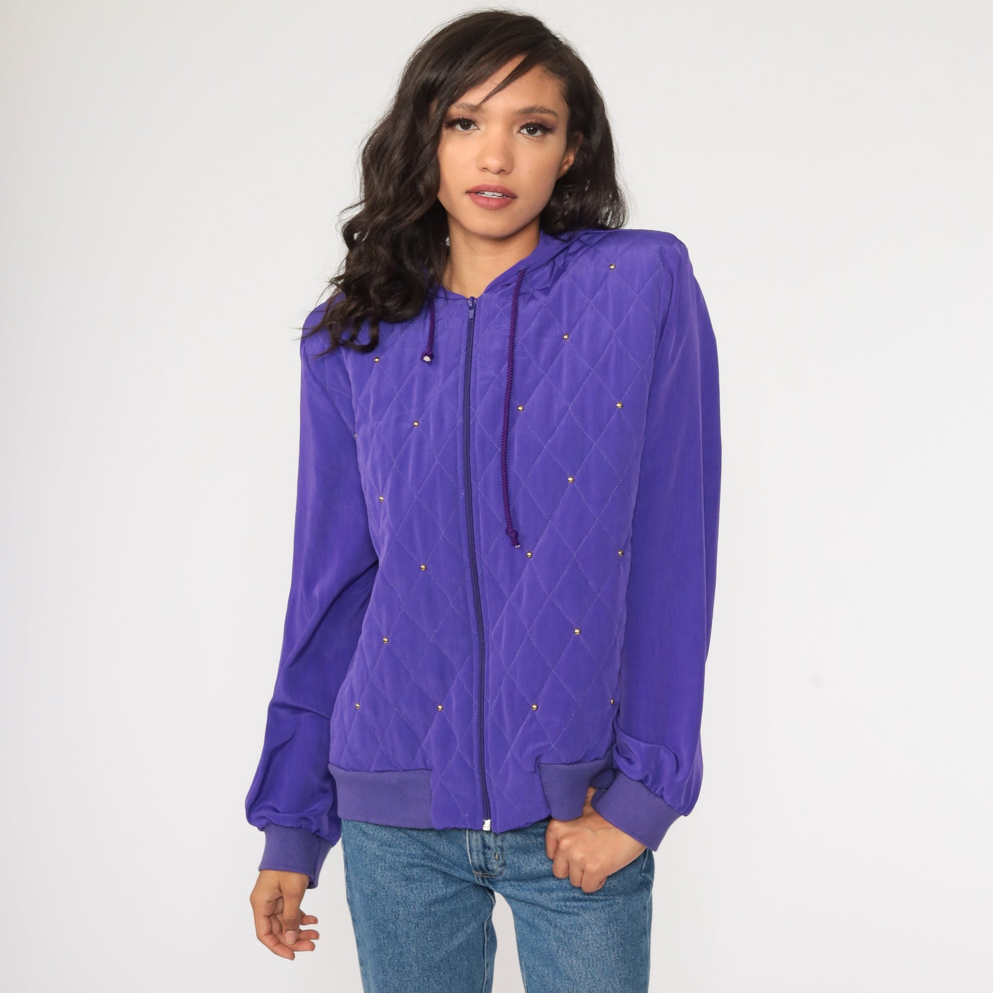 90s Purple Quilted Windbreaker Jacket Beaded Hooded Shell Large