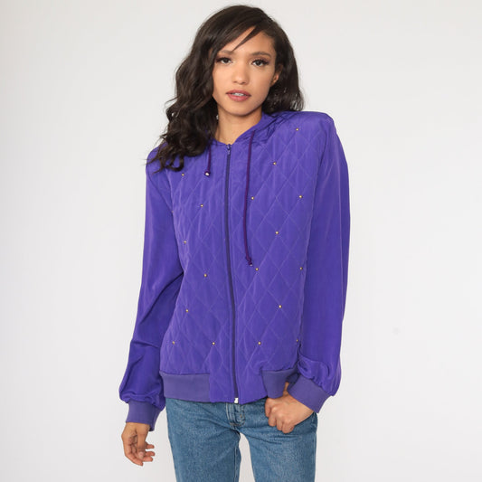 90s Purple Quilted Windbreaker Jacket Beaded Hooded Shell Large