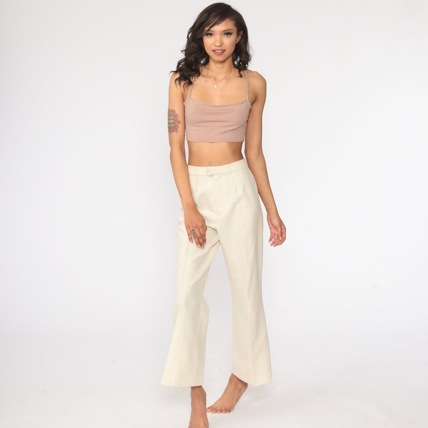 70s Cream Bell Bottom Trousers High Waist Vintage Pants Small 27