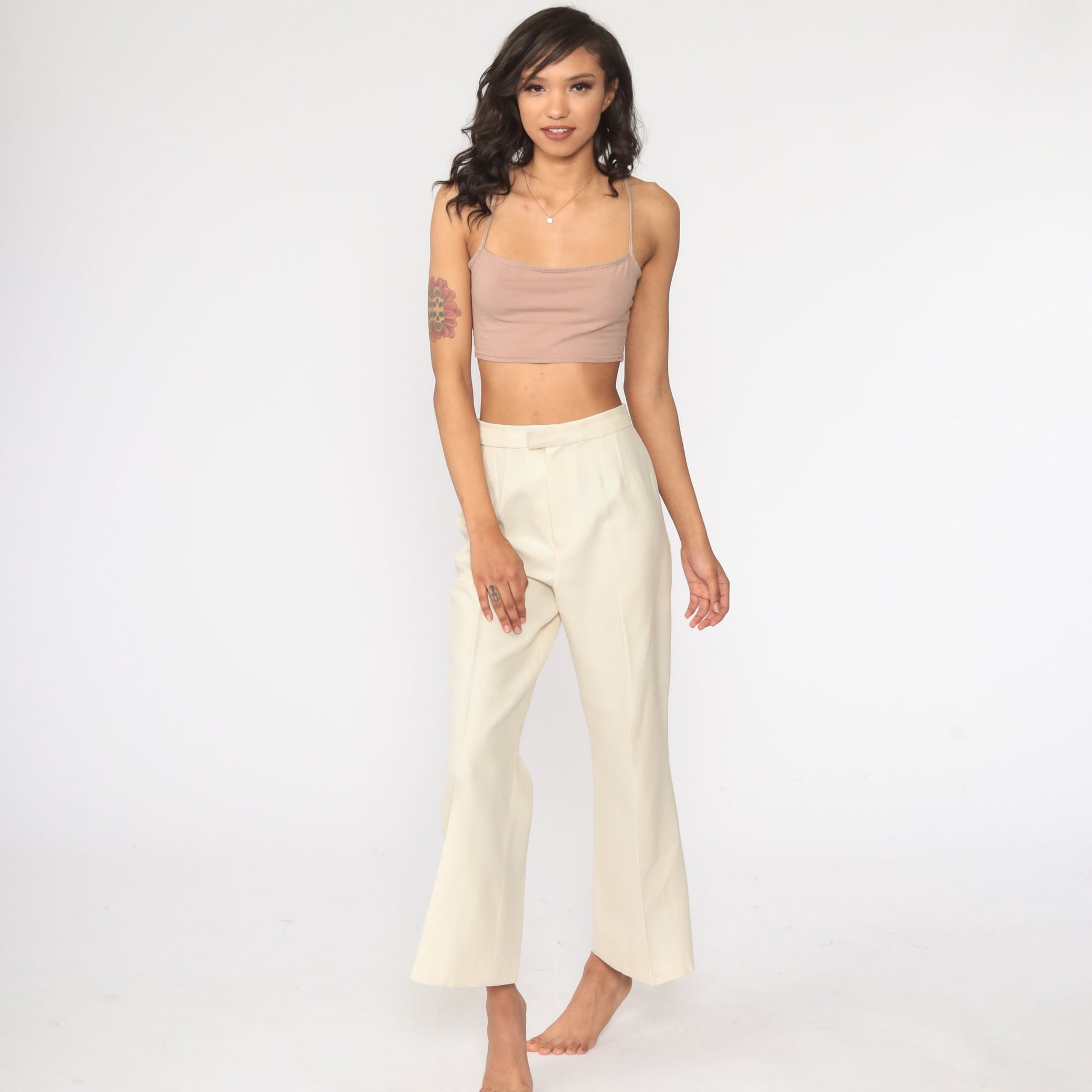 70s Cream Bell Bottom Trousers High Waist Vintage Pants Small 27
