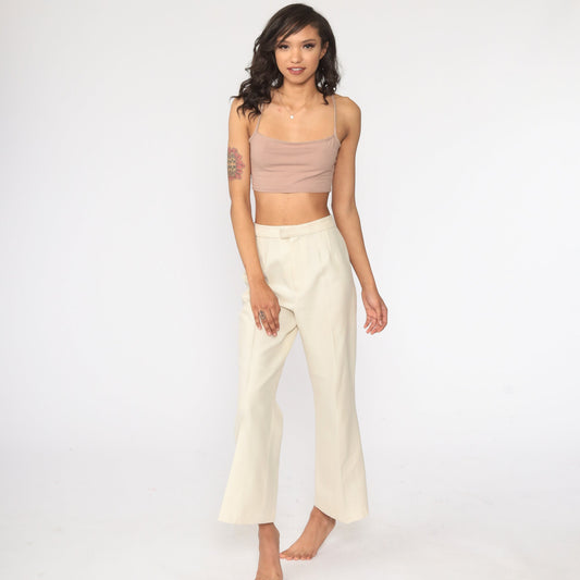 70s Cream Bell Bottom Trousers High Waist Vintage Pants Small 27