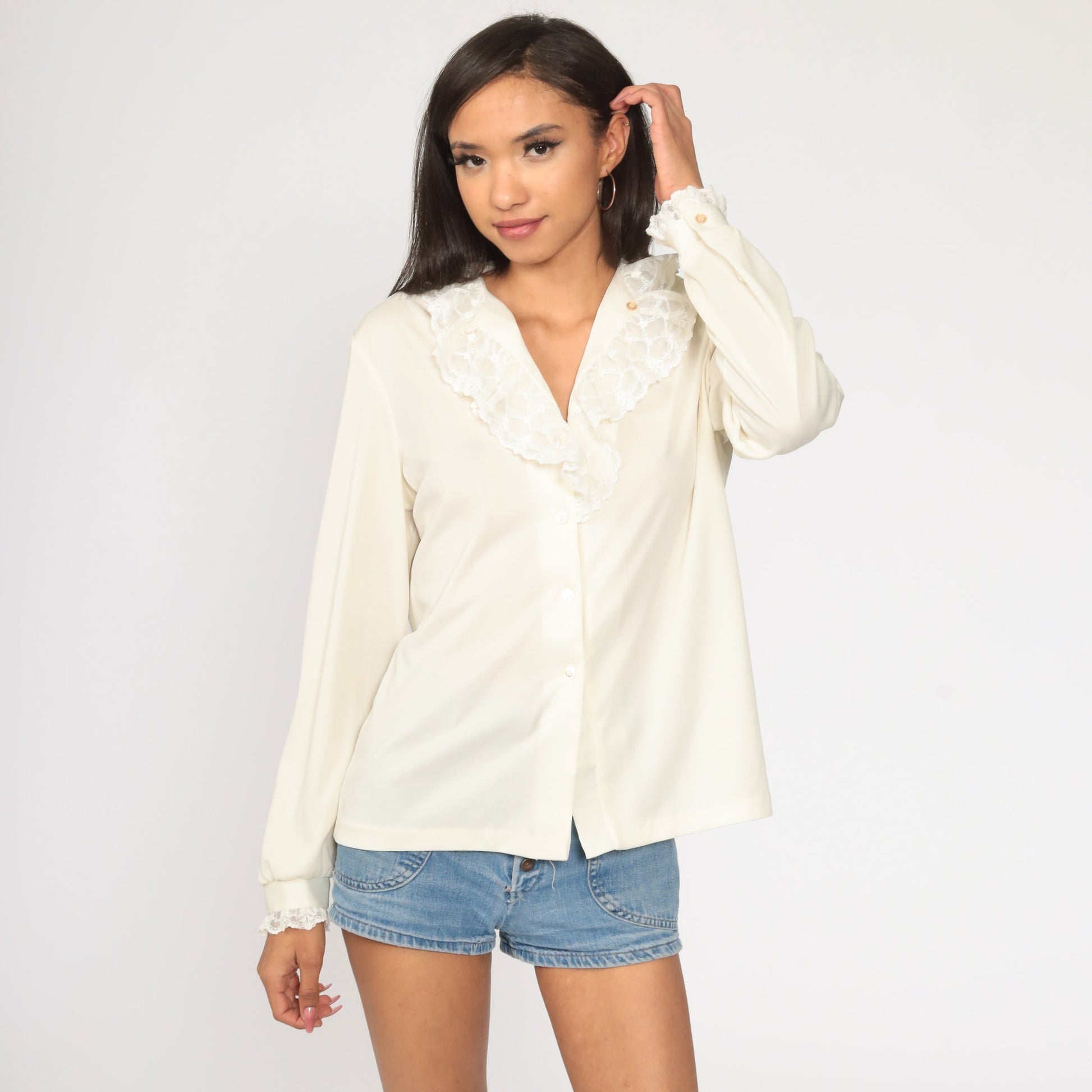 70s Cream Lace Ruffle Blouse High Collar Long Sleeve Button Up Large