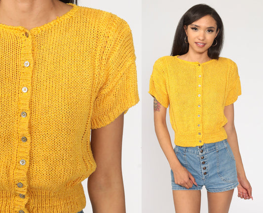 90s Golden Yellow Knit Cardigan Button-Up Short Sleeve Small Medium