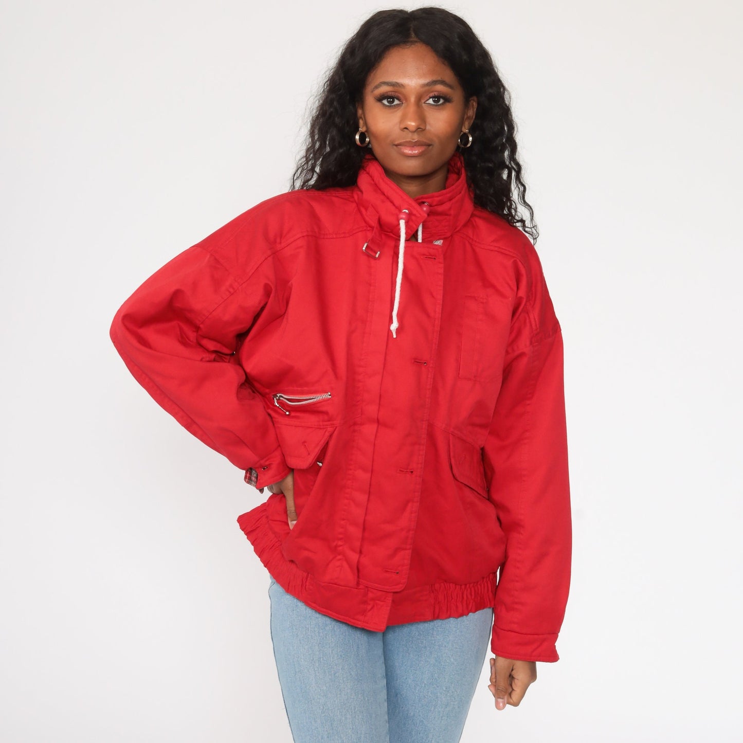 80s Red Windbreaker Jacket Plaid Lined Cotton Blend Large