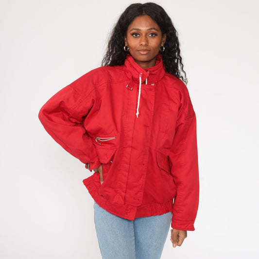 80s Red Windbreaker Jacket Plaid Lined Cotton Blend Large