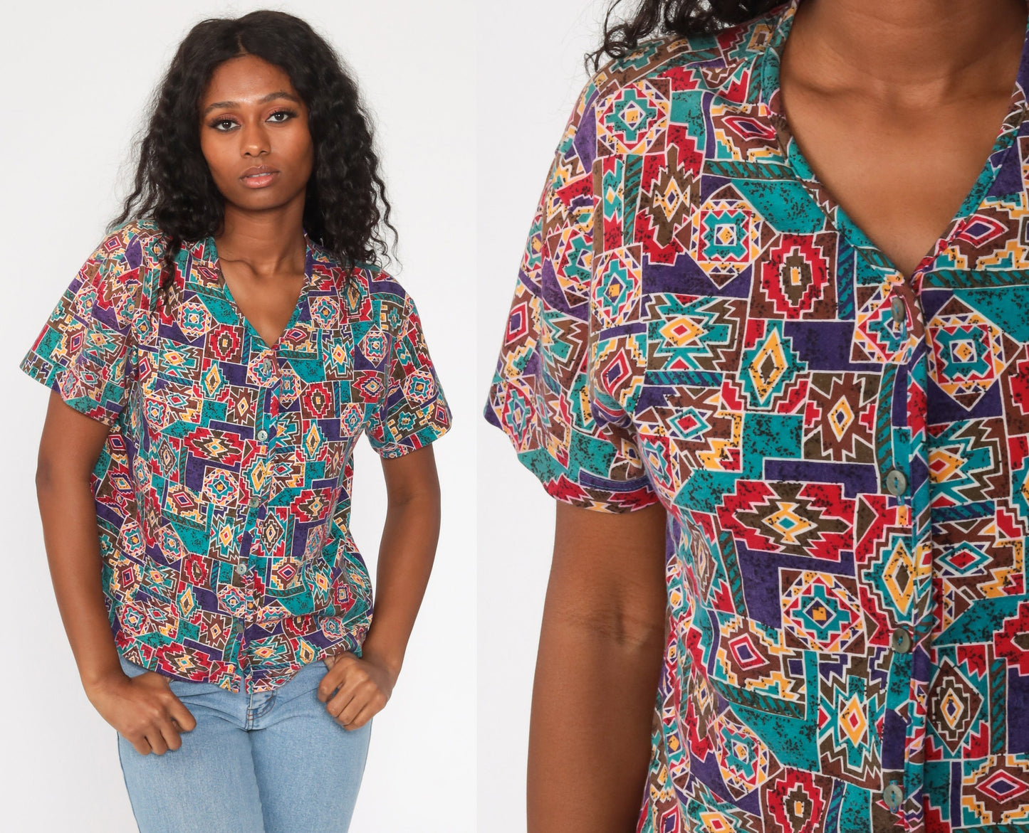 90s Geometric Tribal Print Cotton Button Up Shirt Medium