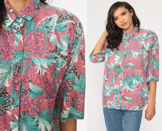 80s Tropical Floral Button-Up Shirt Green Pink Leaf Print Medium Large