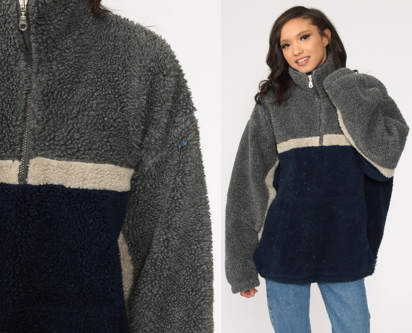 90s Navy Grey Colour Block Fleece Half-Zip Pullover Jacket Large