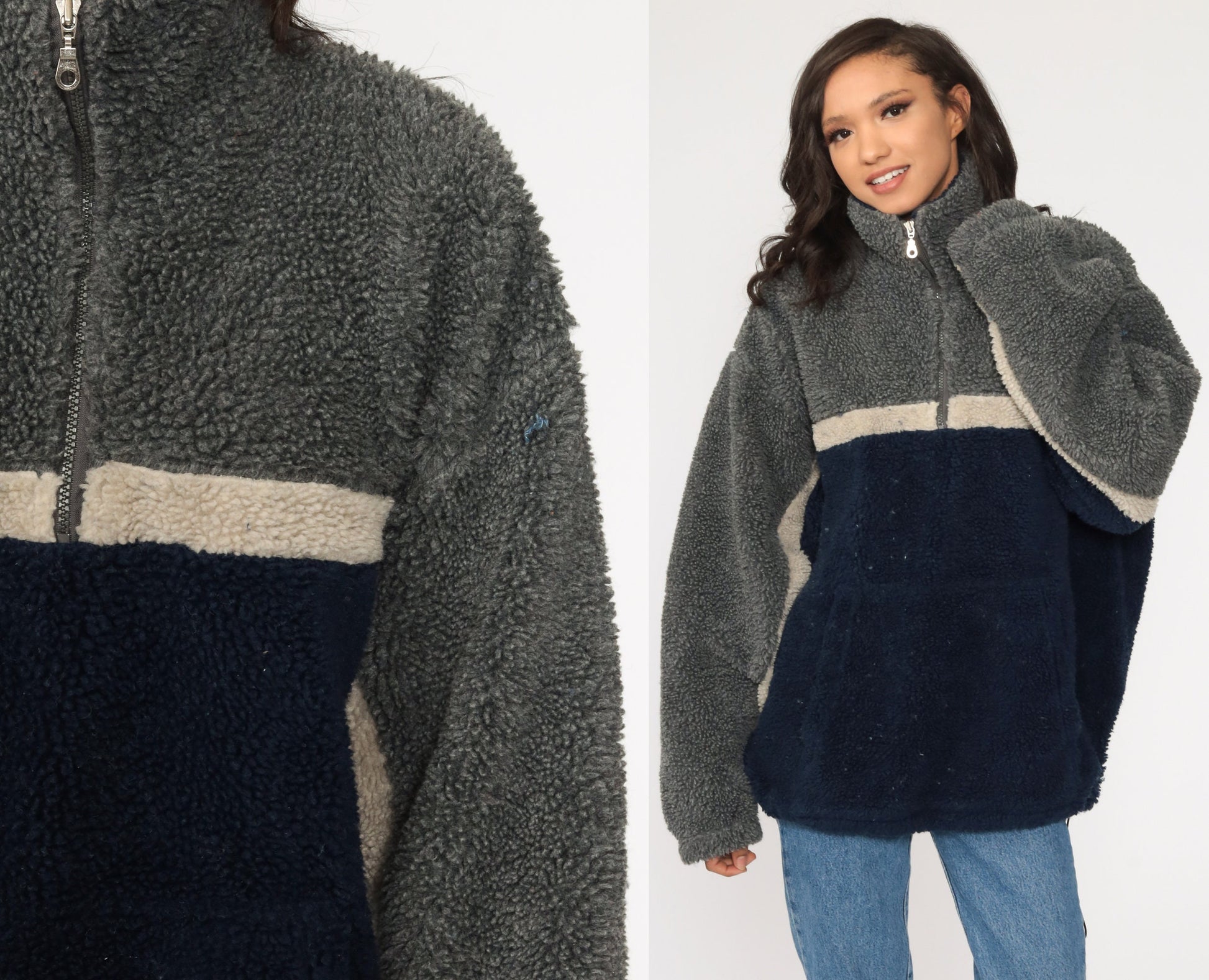 90s Navy Grey Colour Block Fleece Half-Zip Pullover Jacket Large