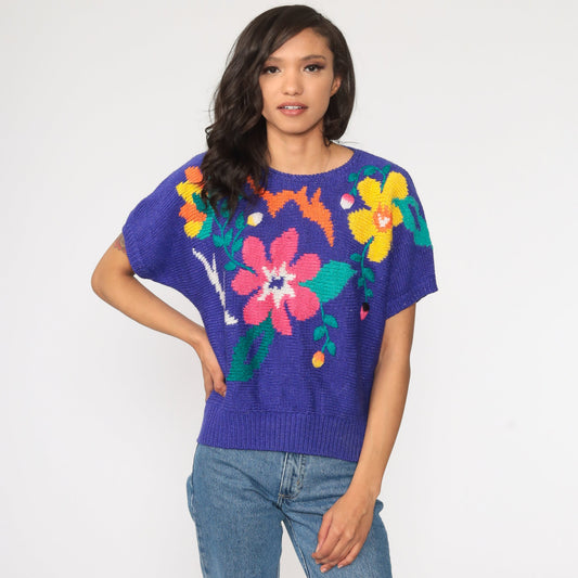 80s Purple Floral Knit Sweater Short Sleeve Top Medium