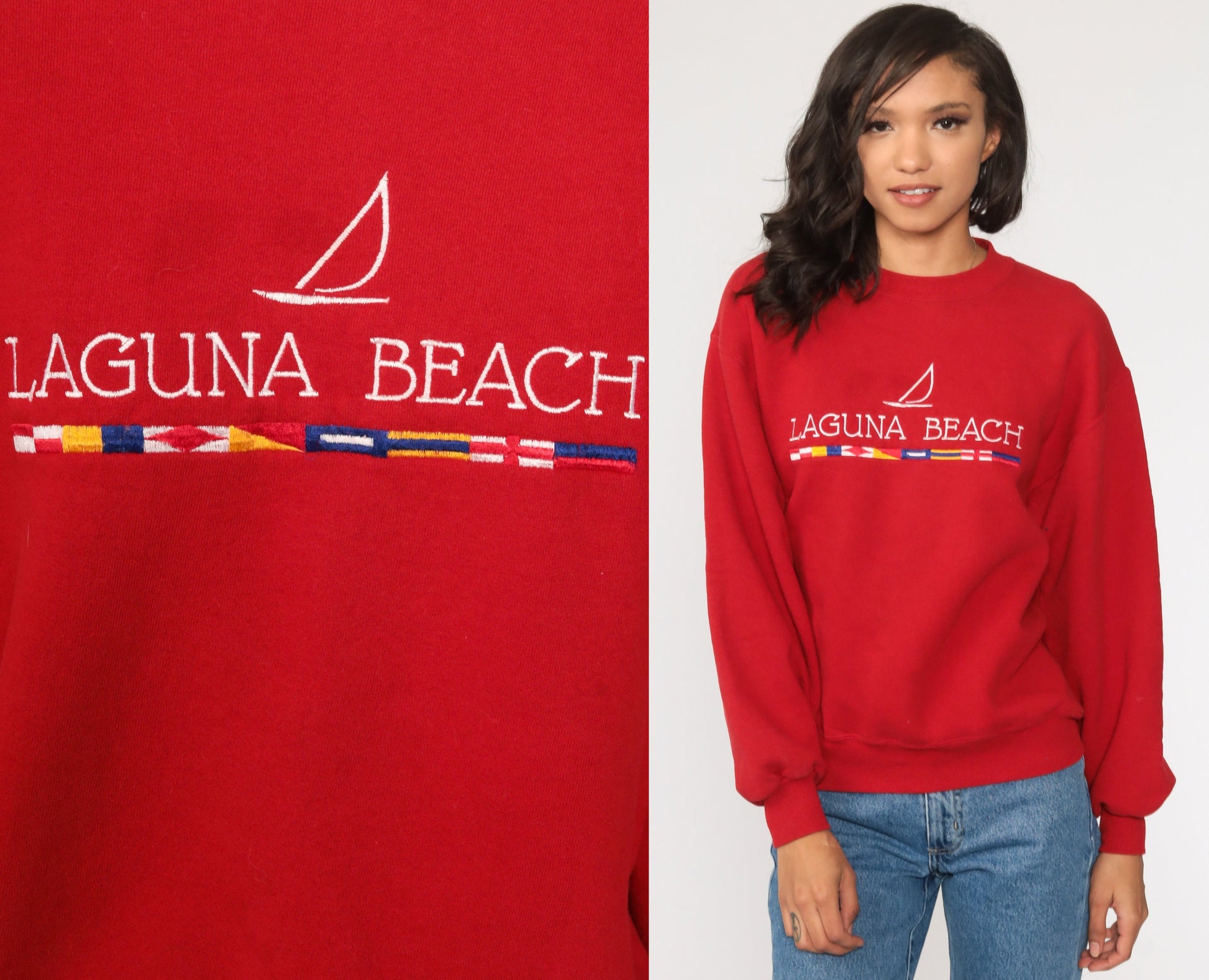 90s Laguna Beach Sailboat Sweatshirt Faded Red California Crewneck Medium