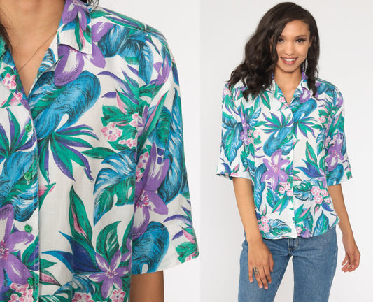 80s Tropical Floral Button-Up Shirt Green Purple Hawaiian Blouse Small