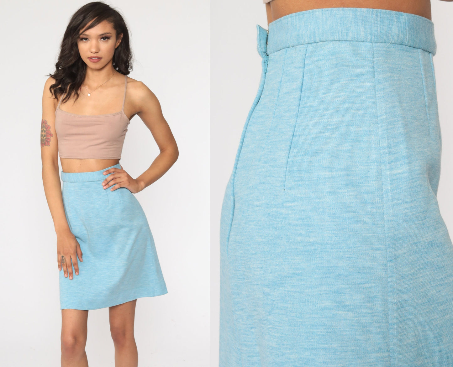 70s Heather Blue A-Line Mini Skirt High Waisted Rear Zip Extra Small