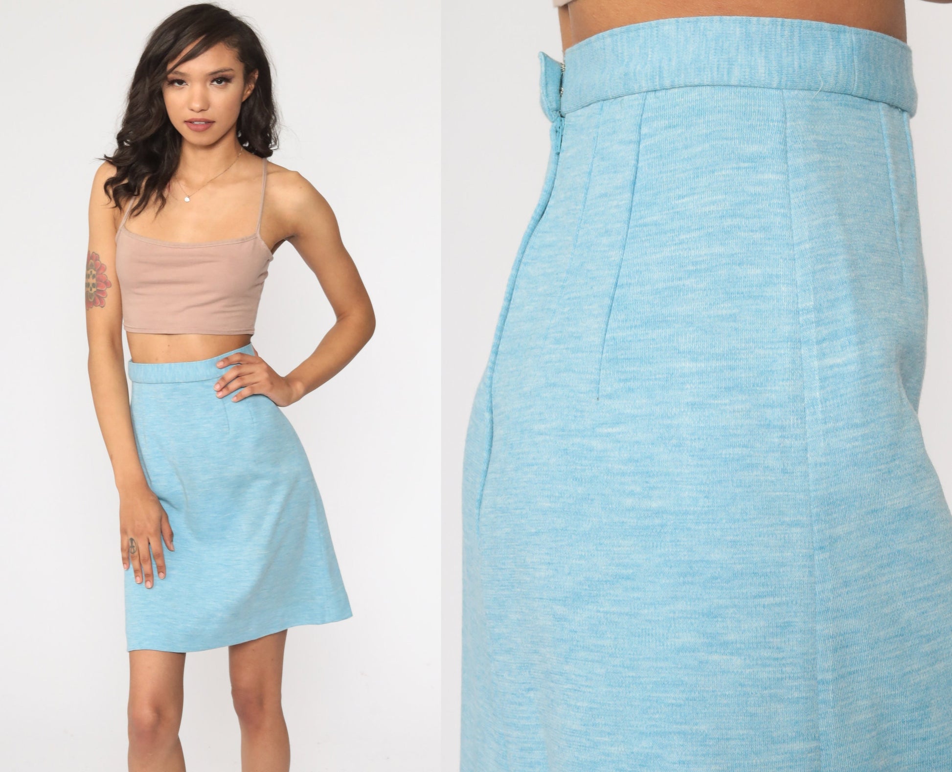 70s Heather Blue A-Line Mini Skirt High Waisted Rear Zip Extra Small