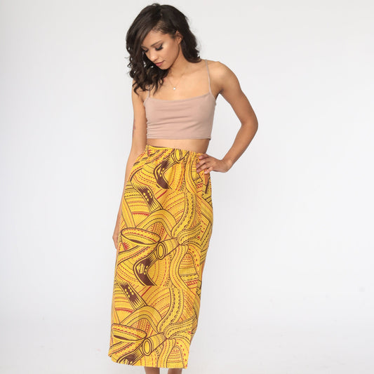 80s African Print Yellow Midi Skirt Elastic Waist Small Medium