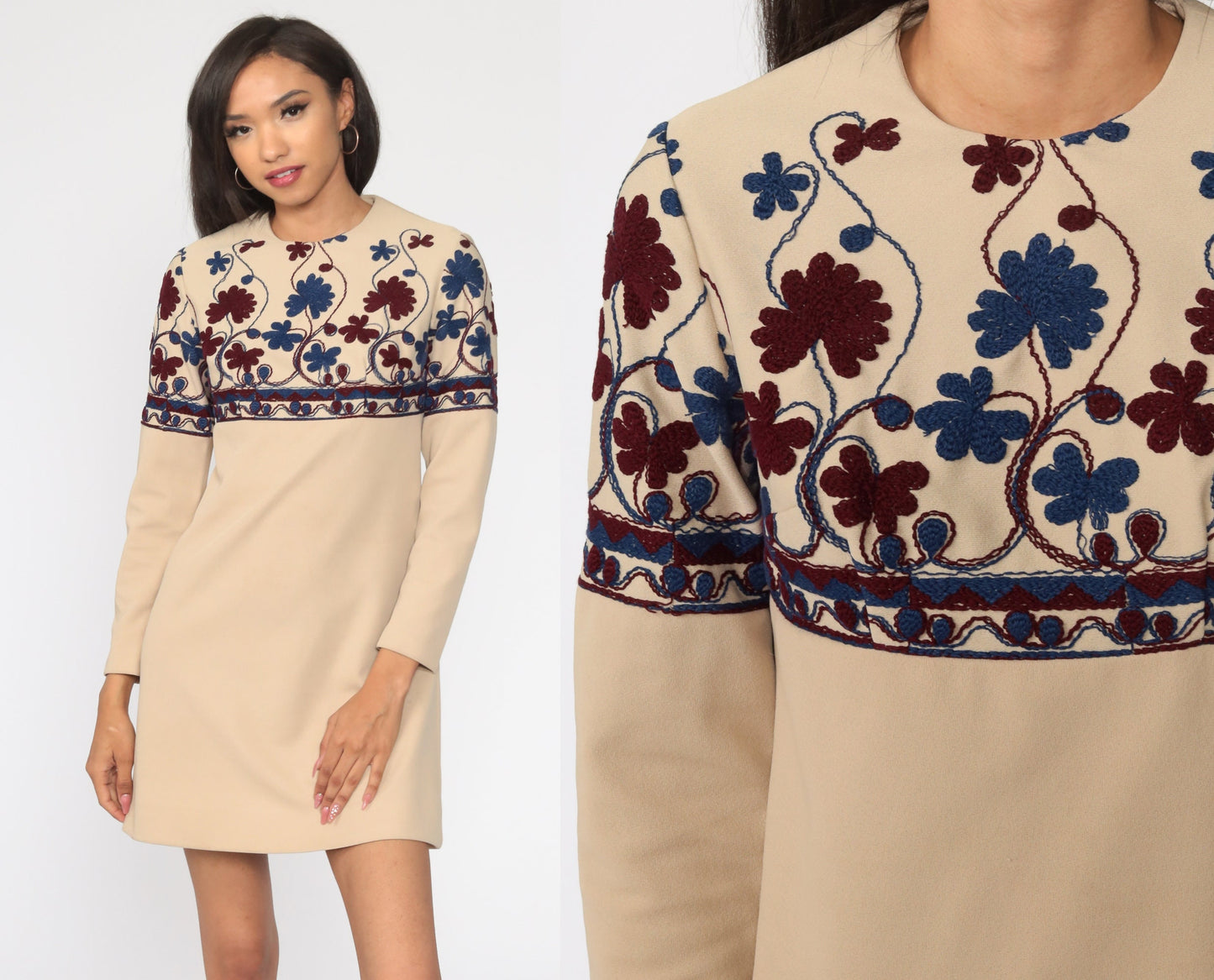 60s Vicky Vaughn Floral Embroidered Shift Mini Dress Tan Long Sleeve Small