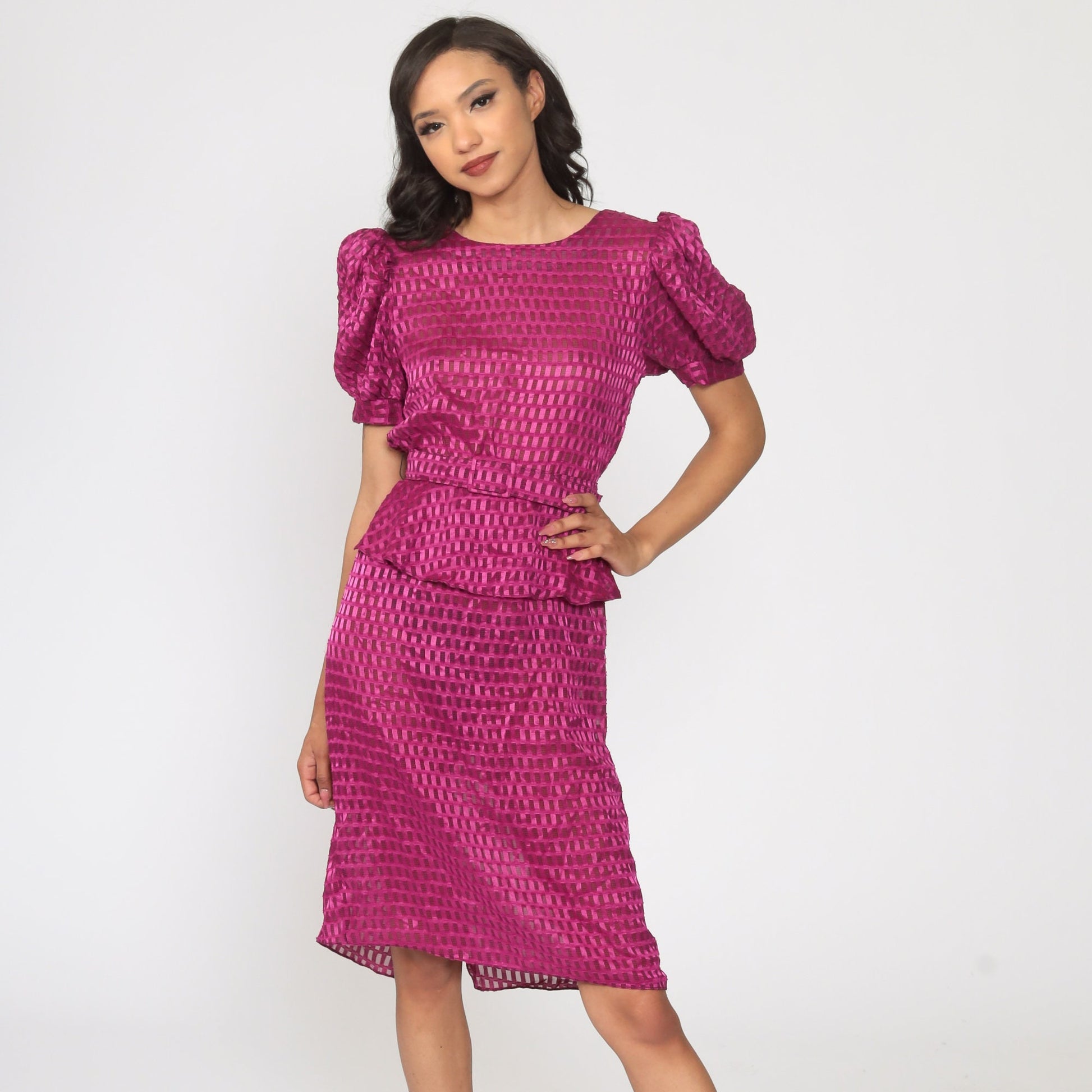 80s Purple Sheer Midi Dress Puff Sleeve High Waisted Peplum Small
