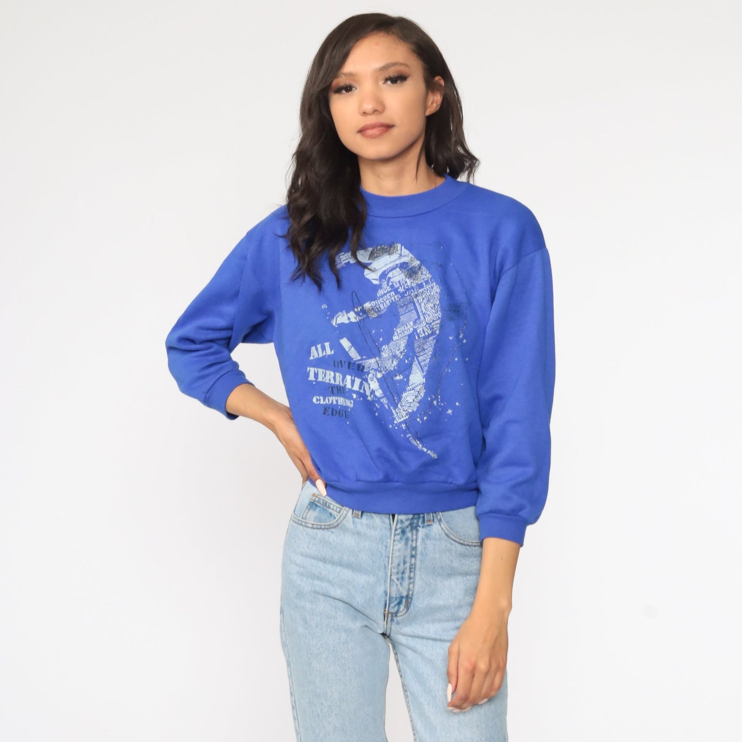 90s All Over Terrain Ski Graphic Sweatshirt Blue Crewneck Small