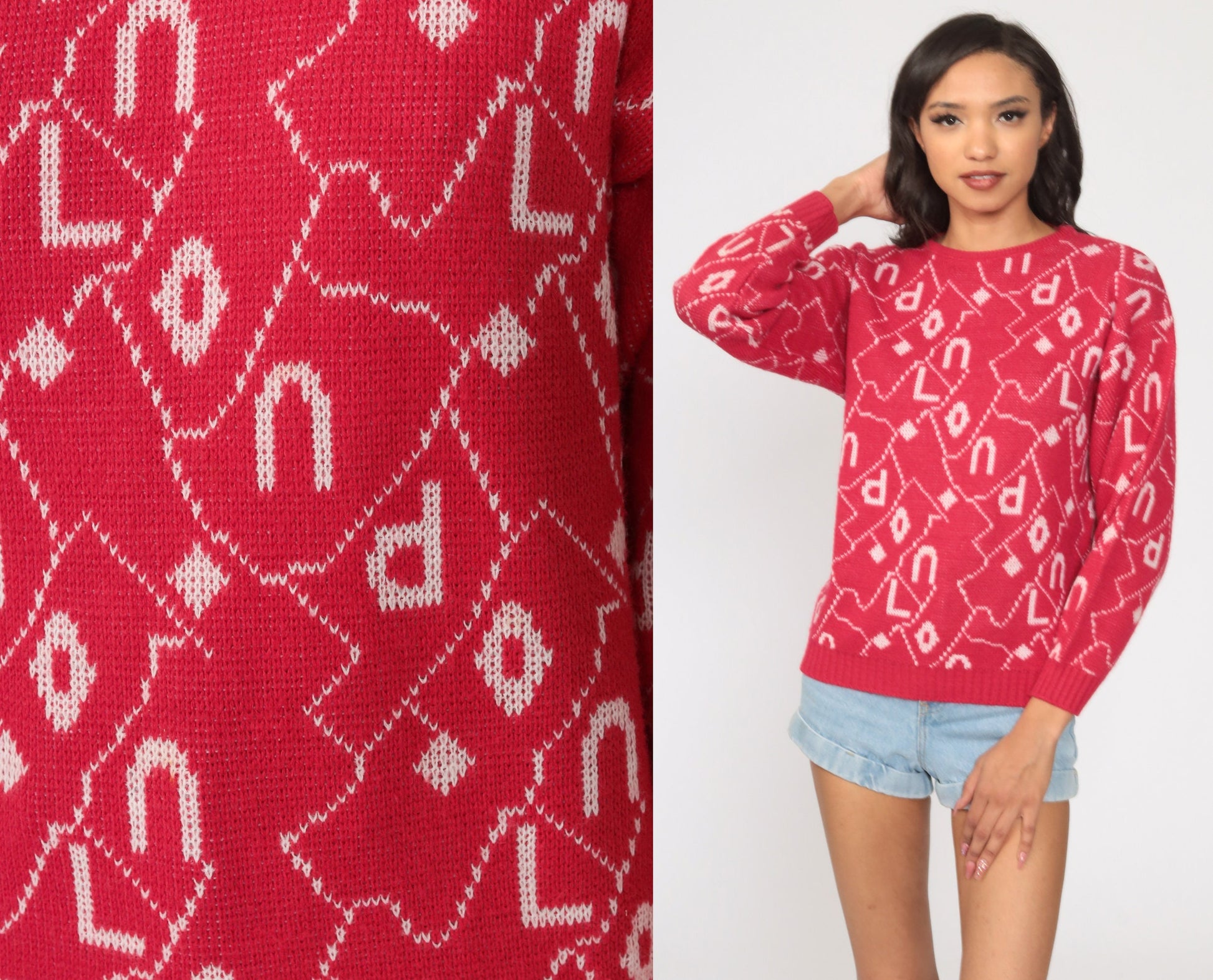 80s London Spellout Knit Sweater Pink Geometric Pullover Small S
