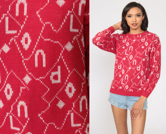 80s London Spellout Knit Sweater Pink Geometric Pullover Small S