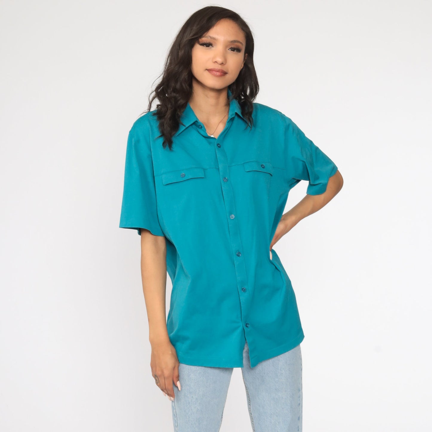 80s Teal Button-Up Shirt Short Sleeve Vintage Unisex Large
