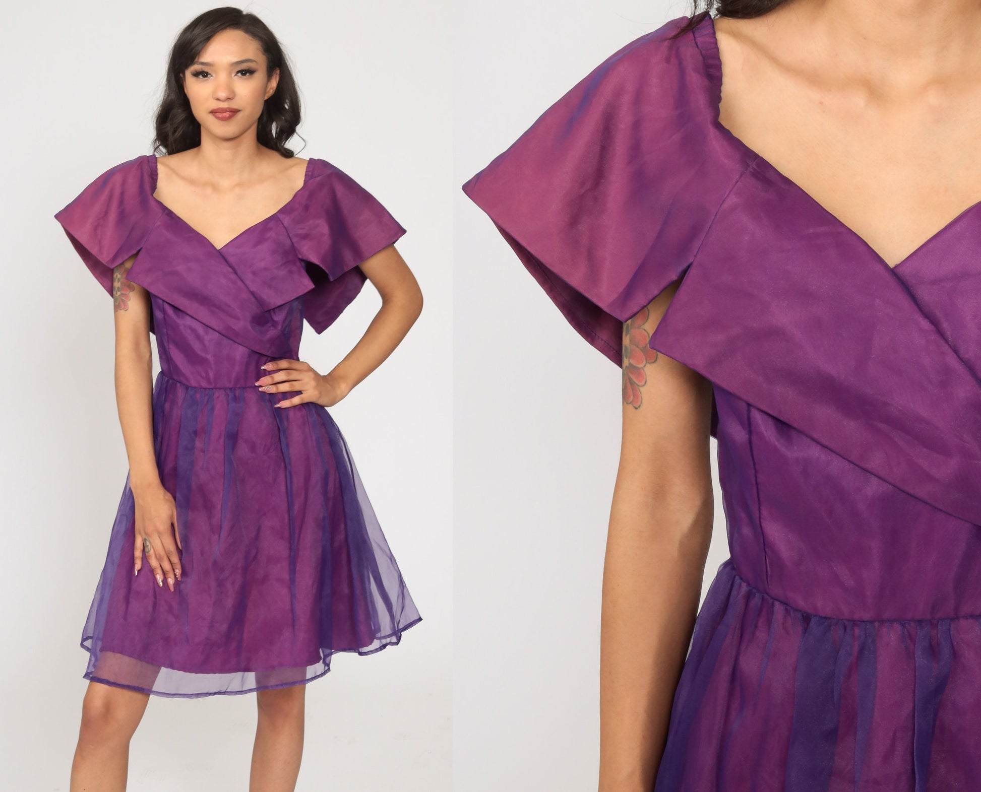 70s Purple Organza Wrap Dress High Waist Deep V Neck Mini Small