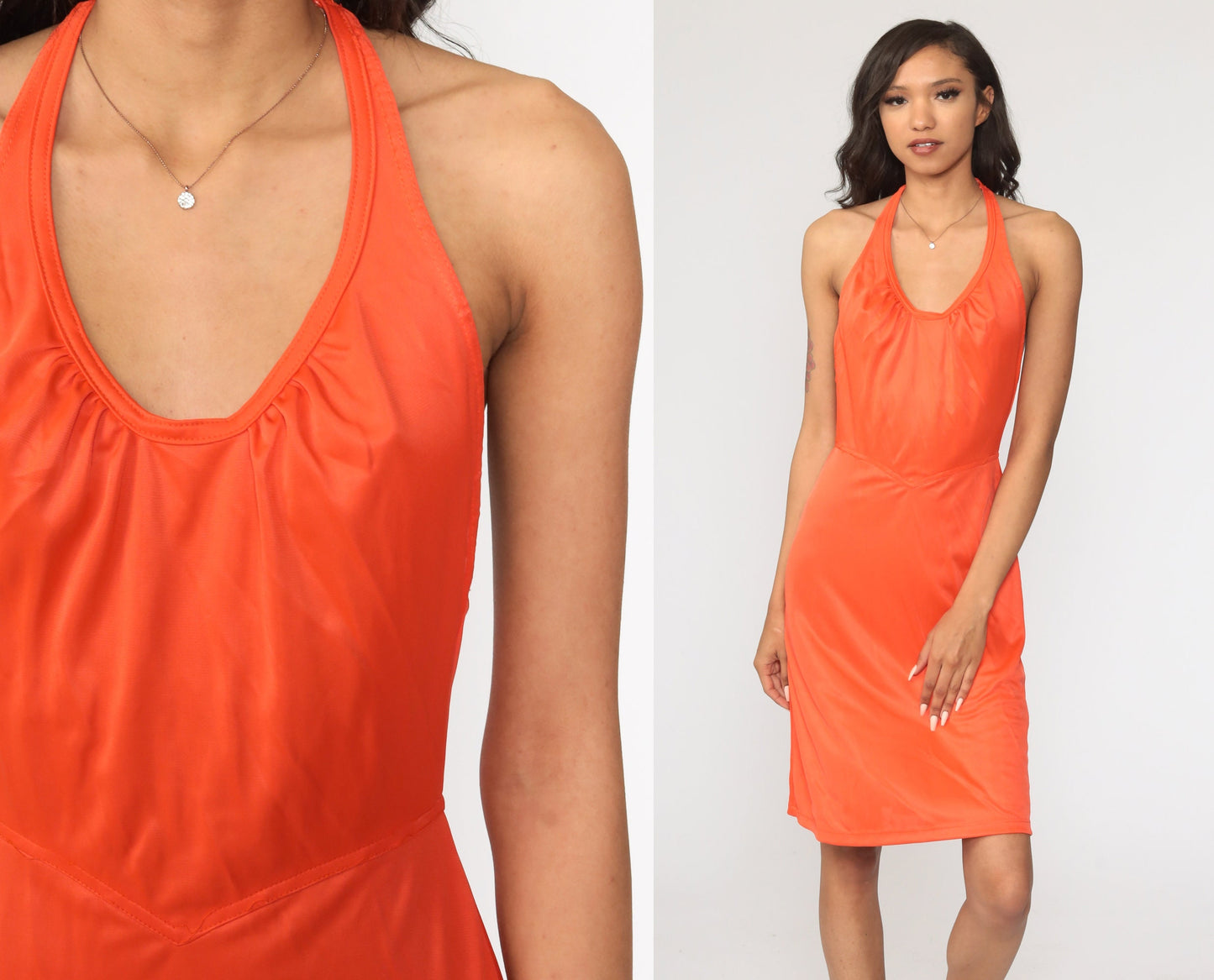 70s Orange Halter Midi Dress High Waist Grecian Disco Small