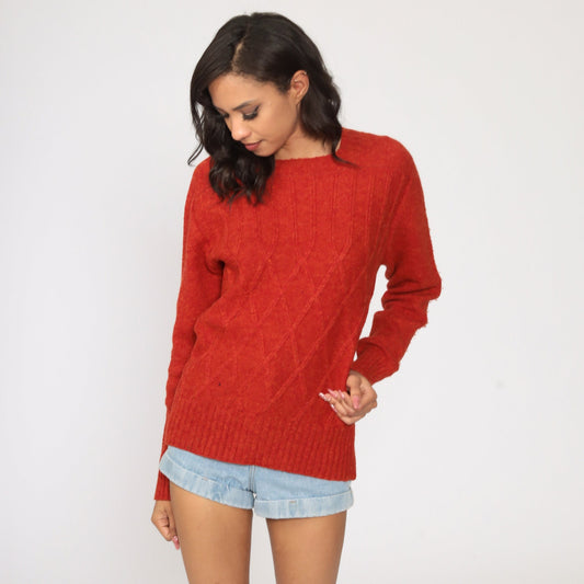 80s Red Wool Sweater Lattice Knit Crewneck Pullover Medium