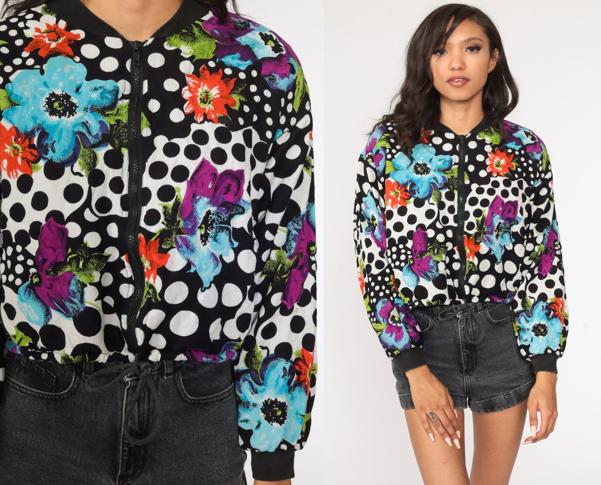 90s Floral Polka Dot Cropped Bomber Jacket Black White Windbreaker Small