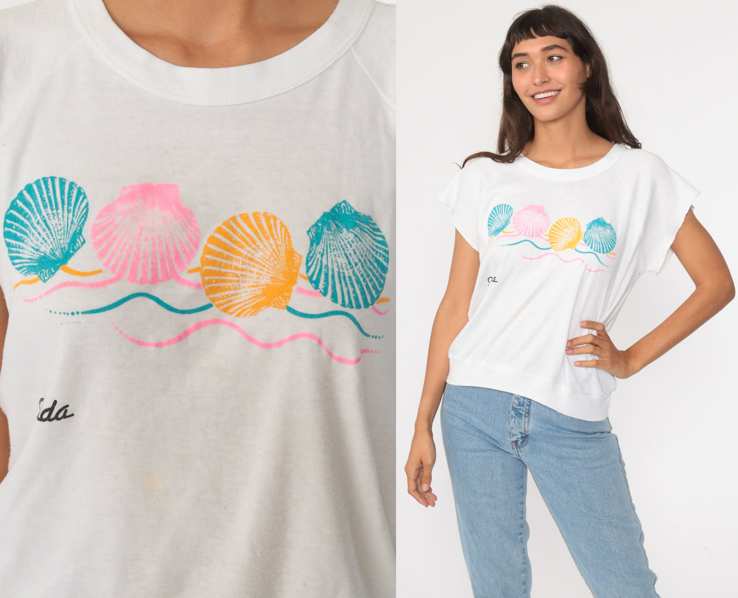 80s Florida Seashell Graphic T-Shirt White Cotton Tee Medium Large