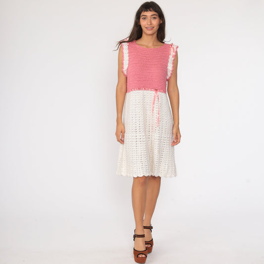 70s Crochet Knit Midi Dress Pink White Cap Sleeve Cutout Small Medium