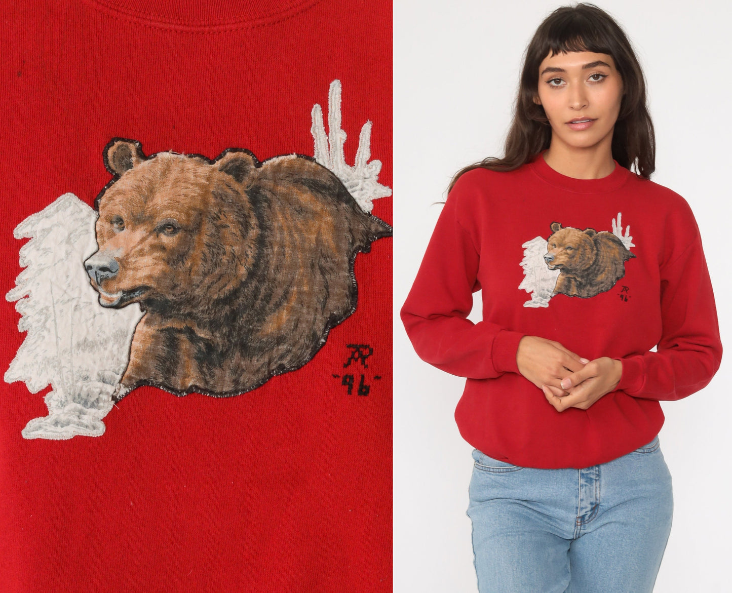 90s Bear Graphic Sweatshirt Red Crewneck Wildlife Print Small