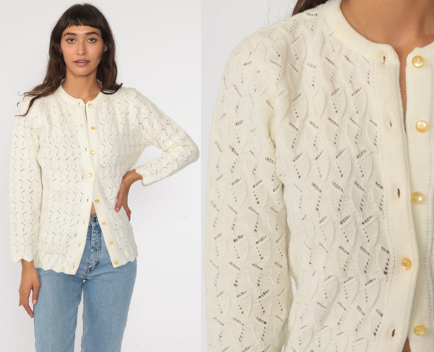 70s Off-White Pointelle Cardigan Sweater Button Up Small