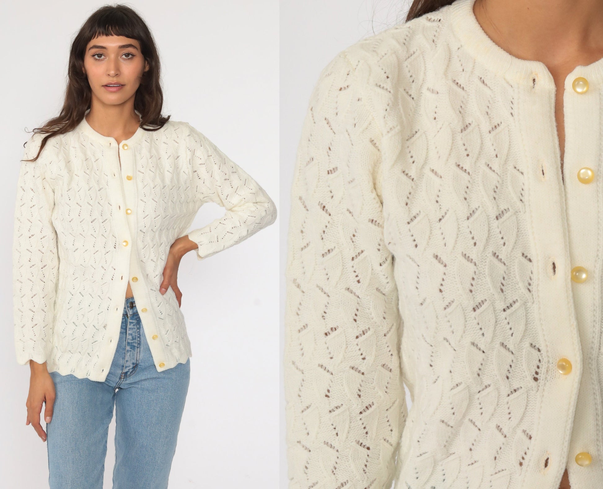 70s Off-White Pointelle Cardigan Sweater Button Up Small