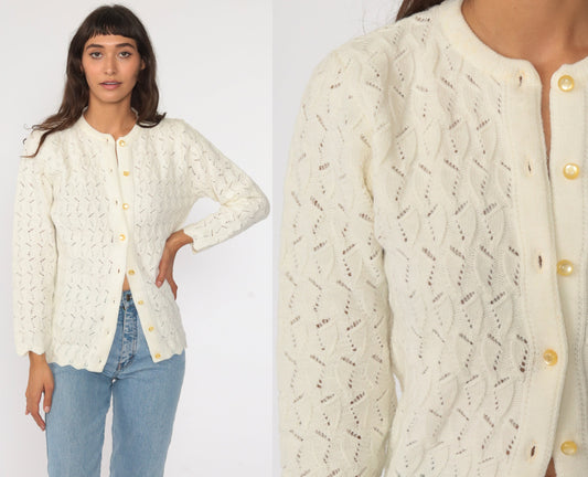 70s Off-White Pointelle Cardigan Sweater Button Up Small