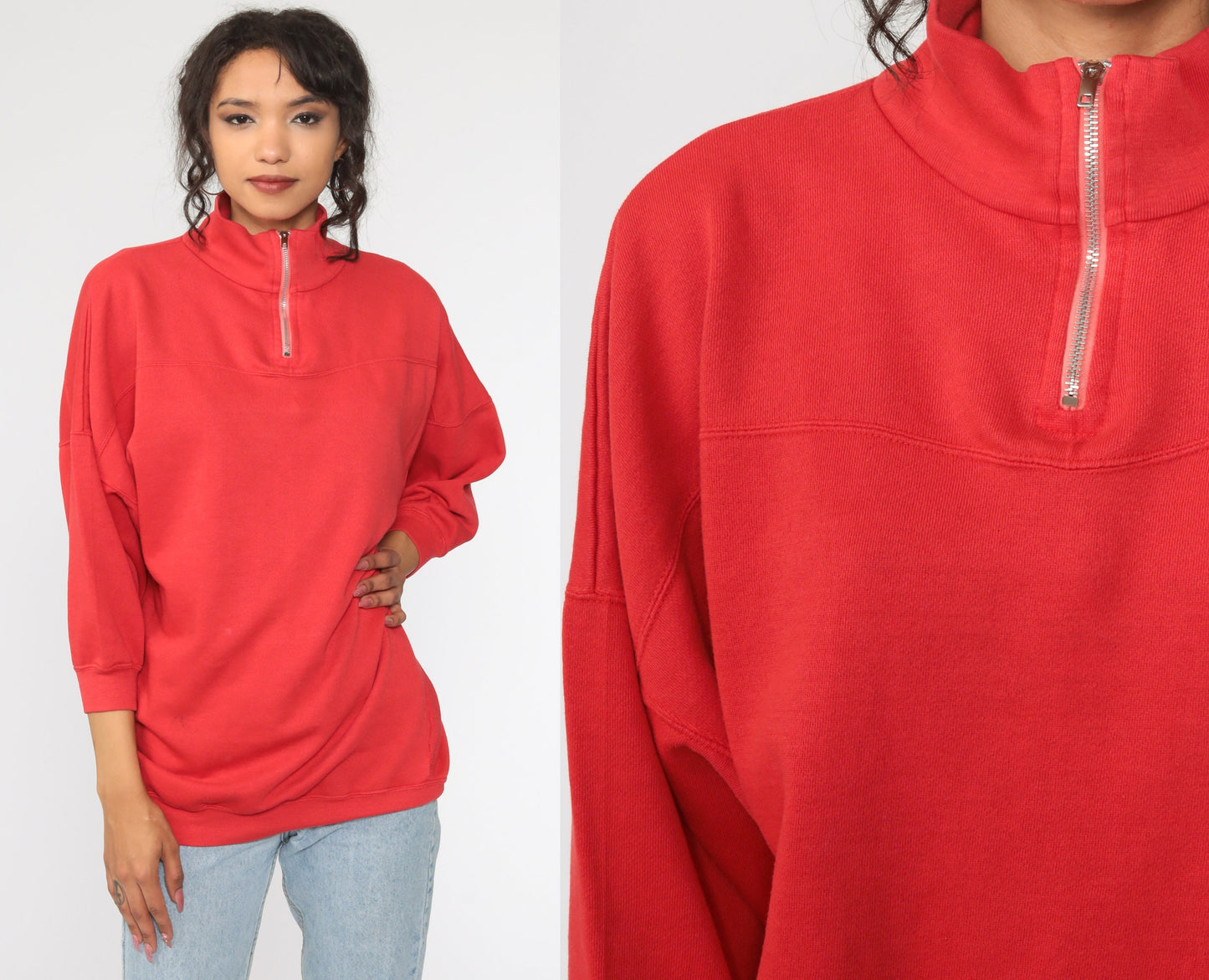 90s Red Quarter Zip Funnel Neck Sweatshirt Pullover Large L