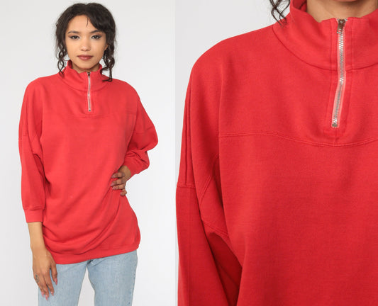90s Red Quarter Zip Funnel Neck Sweatshirt Pullover Large L