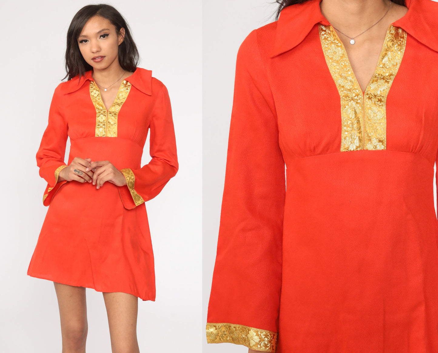 70s Red-Orange Babydoll Dress Gold Trim Bell Sleeve Empire Waist Mini Small