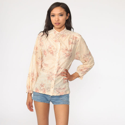 70s Floral Peter Pan Collar Blouse Cream Button-Up Long Sleeve Small