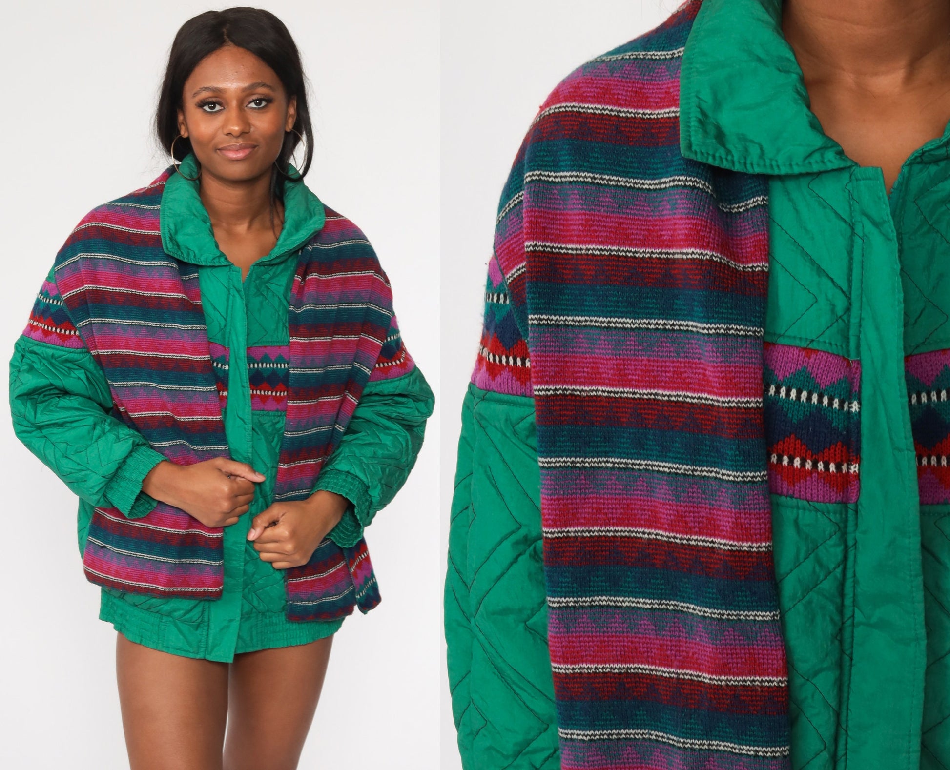 80s Green Puffer Ski Jacket with Attached Knit Scarf Large L