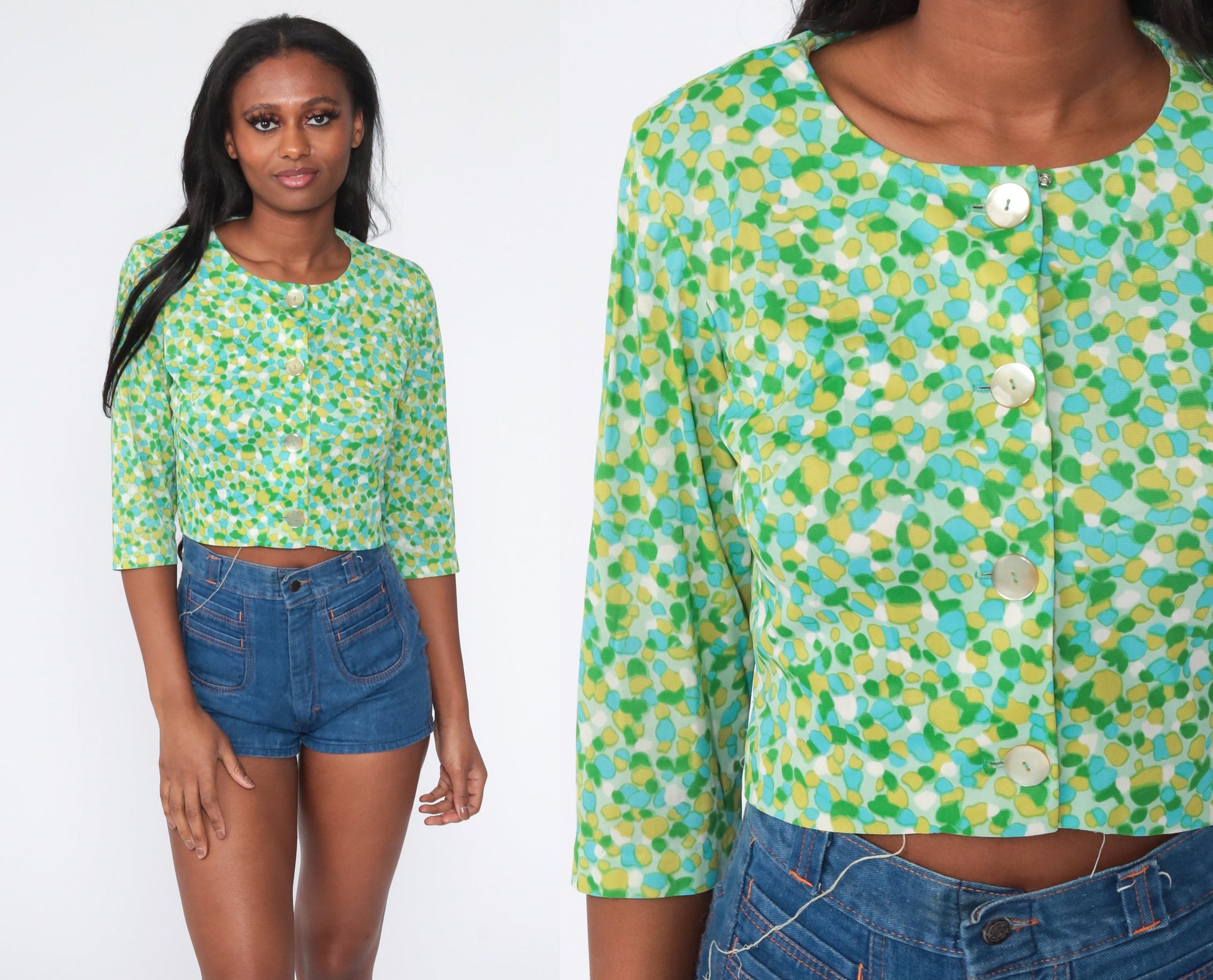 60s Geometric Print Button-Up Blouse Cropped 3/4 Sleeve Small